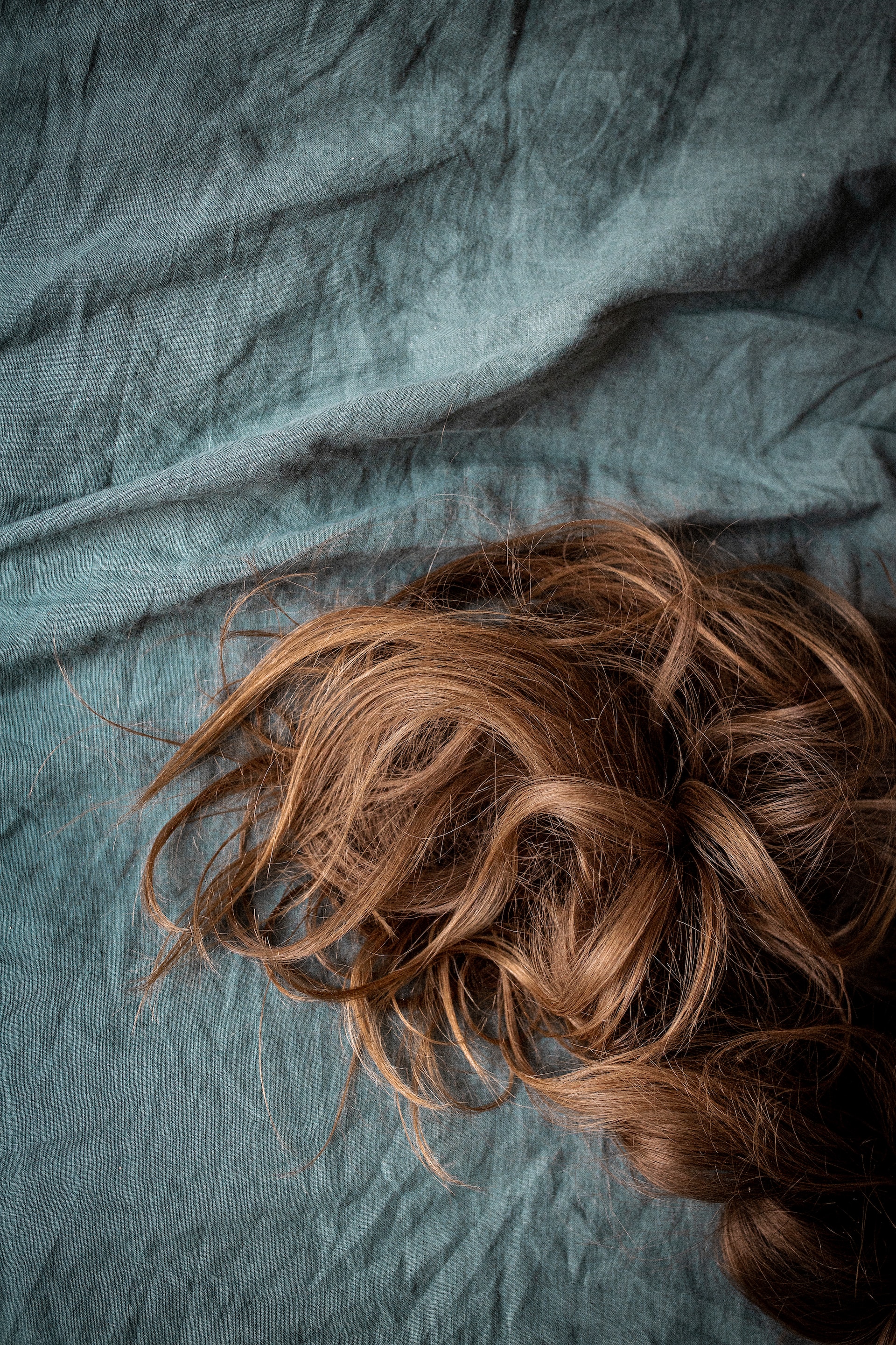 brown hair on blue textile